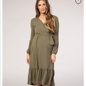 Olive green ruffle midi longsleeve maternity dress